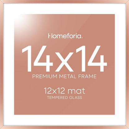 Homeforia 14x14 Picture Frame Rose Gold, High End Metal 14 x 14 Square Poster Frame with Mat 12 x 12 Photo, 14x14 Frame Matted to 12x12 Print, 14by14 Hanging Frames, Tempered Glass, Wall Kit, Set of 1