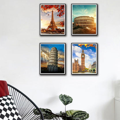 Boho Wall Art Decor, London, Tower of Pisa, Paris, Eiffel Tower,Roman Colosseum,City Wall Decor Art ,Modern Landscape Wall Art for Living Room Bedroom Prints Poster ,8x10 Inch Set of 4,Unframed