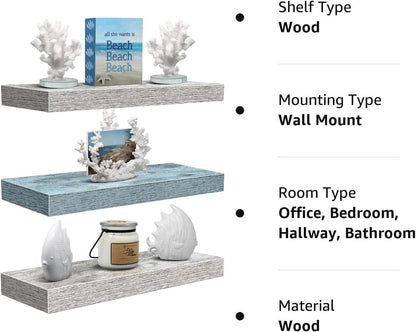 Sorbus Floating Shelves - 3 Pack 16 Inch Rustic & Blue Wall Shelves for Bedroom, Kitchen, Living Room, Bathroom Shelves, Home Decor, Office - Floating Shelf for Trophy, Books, Frames