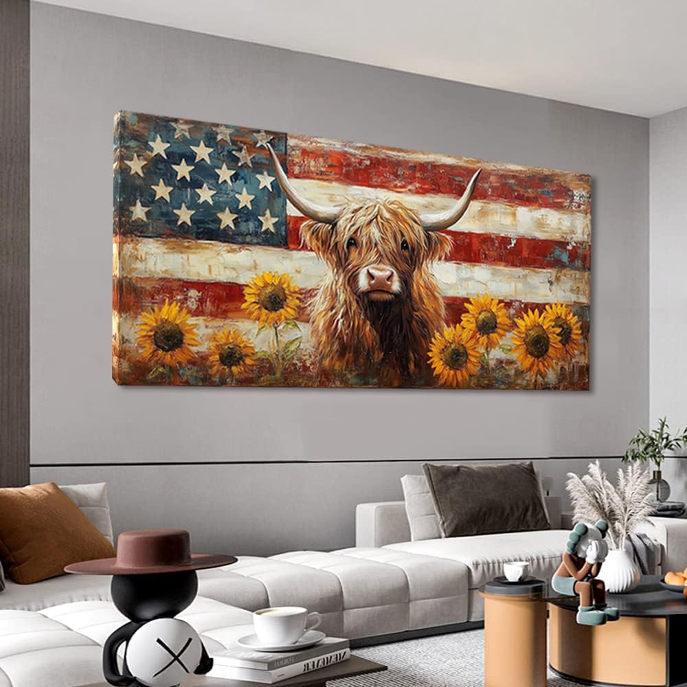LASMOND Country Highland Cow Wall Art for Living Room Rustic Retro Vintage American Flag Sunflower Canvas Painting Prints Highland Cattle Artwork Farmhouse Bedroom Office Decor (58x28 Inches)