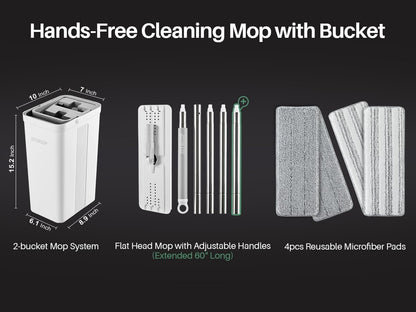 JOYMOOP Mop and Bucket Set with Wringer, Flat Mops for Floor Cleaning, Wall Mop Cleaner with Long Handle, Hardwood Floor Mop with 4 Microfiber Pads