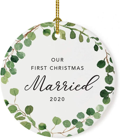 Andaz Press Custom Year Round Ceramic Porcelain Christmas Tree Ornament Keepsake Collectible Gift, Our First Christmas Married 2025, Farmhouse Eucalyptus Wreath, 1-PackCouple