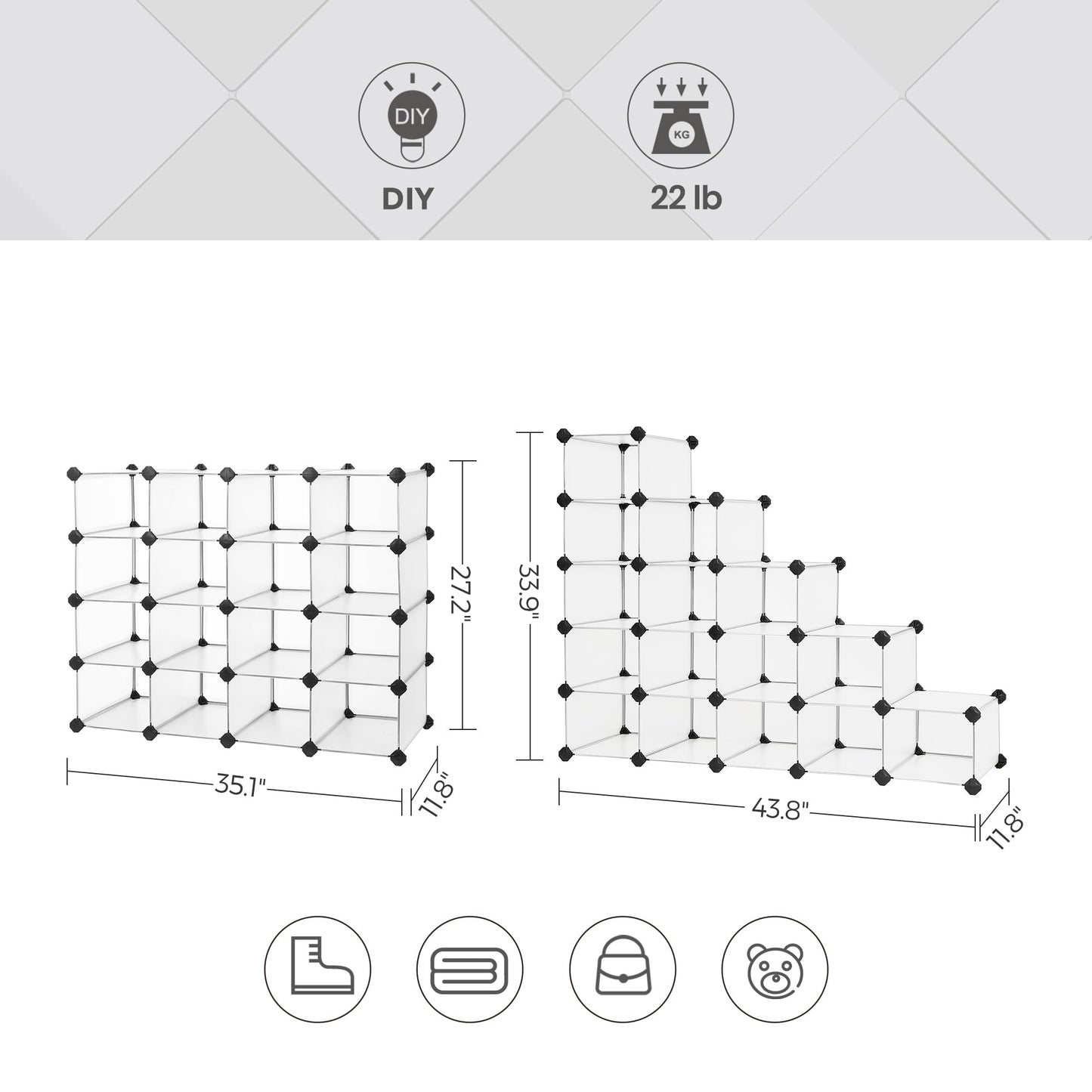 SONGMICS Shoe Rack with 16 Cubes, Interlocking Plastic Shoe Organizer, DIY Storage Cabinet for
