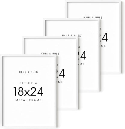 HAUS AND HUES 18x24 White Metal Picture Frames - Features Premium Aluminum, Vertical & Horizontal Hang, Shatterproof Plexiglass - Perfect for Home, Room, Office (18x24 in, White, Set of 4)