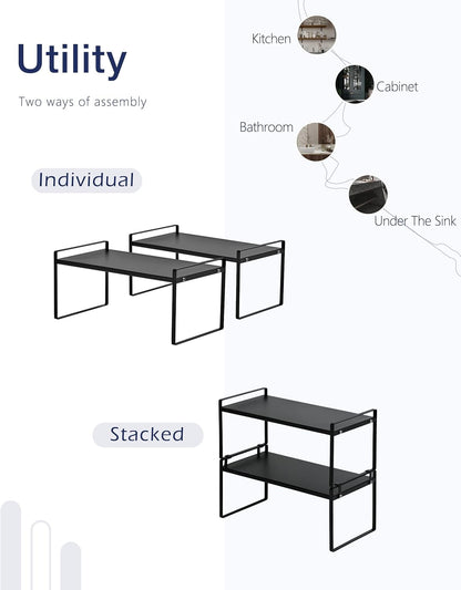 Nxconsu 2Pack Cabinet Shelves Stackable Shelf Organizer Rack Riser for Kitchen Cabinet Pantry Cupboard Counter Countertop Home Organization Storage Space Saver Heavy Duty Metal Nonslip Black Wide