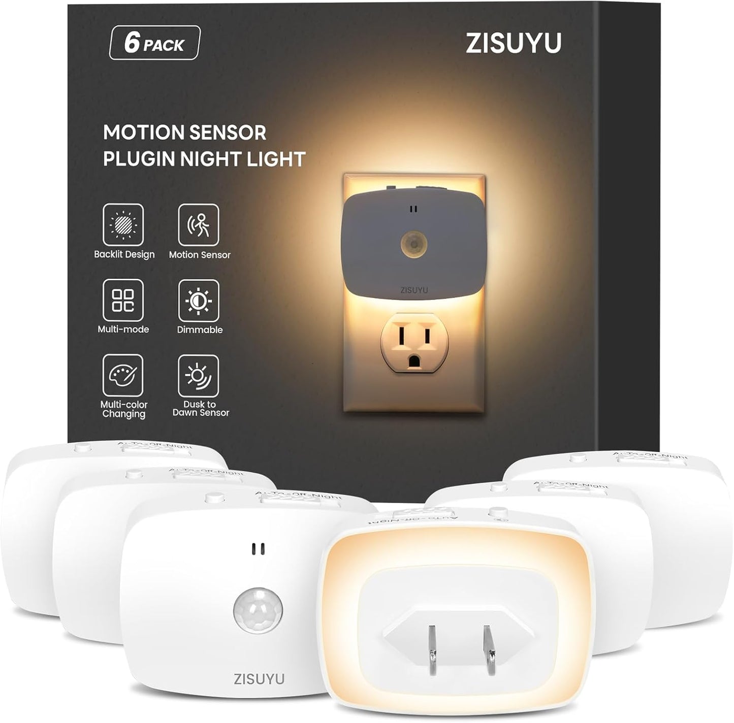 ZISUYU Plug-in LED Backlit Night Light with Motion Sensor & Dusk to Dawn Sensor, 10-60lm Dimmable Nightlight with Multi-Mode & Color-Changing, Ideal for Bedroom, Bathroom, Stairs, Hallway (6 Pack)