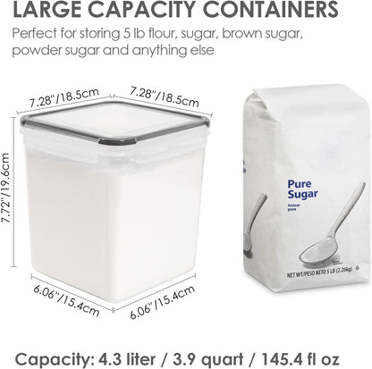Vtopmart Food Storage Containers 4.3L / 145.4oz, 4 Pieces BPA Free Plastic Airtight Canister for Flour, Sugar, Baking Supplies, with 4 Measuring Cups and 24 Labels, Black