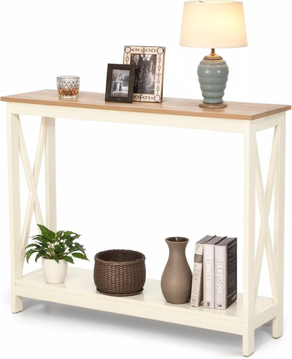 ALPHA HOME Console Table for Entryway, 2 Tier Storage Shelf Farmhouse Entryway Table, X-Shaped Design Narrow Sofa Table for Hallway, Living Room, Ivory