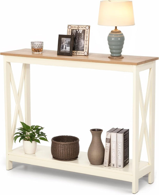ALPHA HOME Console Table for Entryway, 2 Tier Storage Shelf Farmhouse Entryway Table, X-Shaped Design Narrow Sofa Table for Hallway, Living Room, Ivory