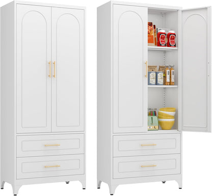 Kitchen Pantry Cabinet, 75" Tall Metal Pantry Cabinet with Two Drawers, Food Cupboards with Doors and Shelves, Freestanding Storage Cabinets for Dining, Living Room, White, Assemble Required