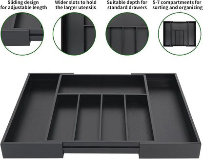 VaeFae Premium Bamboo Drawer Organizer, Expandable Silverware Drawer Organizer, Cutlery Tray with Dividers for Kitchen Utensils (Black, Large)