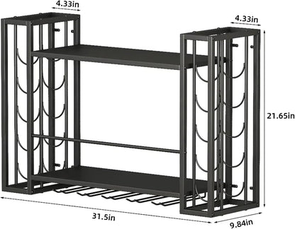 Wall Mounted Wine Rack, Wine Rack Wall Mounted with Wine Glass Rack, 2-Tier Multi-Functional Shelf for Home Restaurant Bar Storage Rack,Black