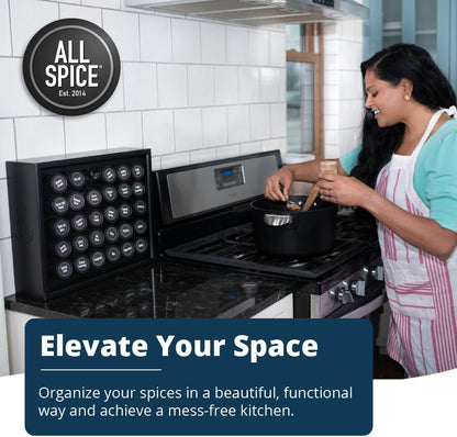 AllSpice Spice Rack Organizer, Wood, 525 Unique Labels, Countertop or Wall Mount, Includes 30 4oz Jars- Matte Black