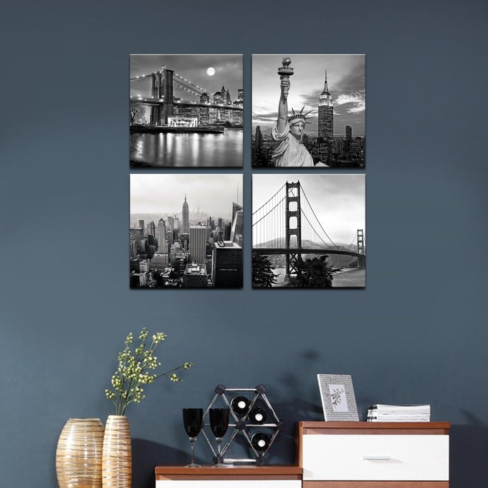 LevvArts Black and White City Wall Art Modern Brooklyn Bridge Picture Prints US Cityscape Canvas Artwork for Bedroom Home Decor