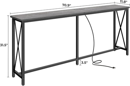 SUPERJARE 70 Inch Console Table with Outlets and USB-C Port, Extra Long Behind Couch Sofa Table with X-Shaped Design, Narrow for Entryway, Living Room, Metal Frame, Wooden Top, Grey