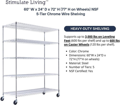 60"x24"x72" PRIME HEAVY DUTY Chrome 5-Tier Wire Shelving NSF 3000 LBS MAX Capacity Storage Rack for Commercial, School, Home, Garage, Warehouse, Industrial, and Hospital Uses (with Wheels)