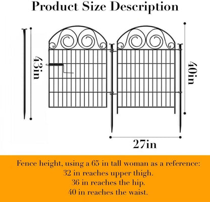 Tall Garden Fence with Gate, 40 Inch(H) 4 Panels Total Length 8.8 Ft Dog Fences Outdoor for Yard, Black Metal No Dig Fencing for Dogs, Reusable Decorative Fence for Garden│Patented