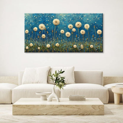 LASMOND Teal Dandelion Wall Art for Living Room Abstract Blowball Canvas Painting Prints Large Flower Floral Grassland Bedroom Decoration Modern Artwork Decor (46x23 Inches)