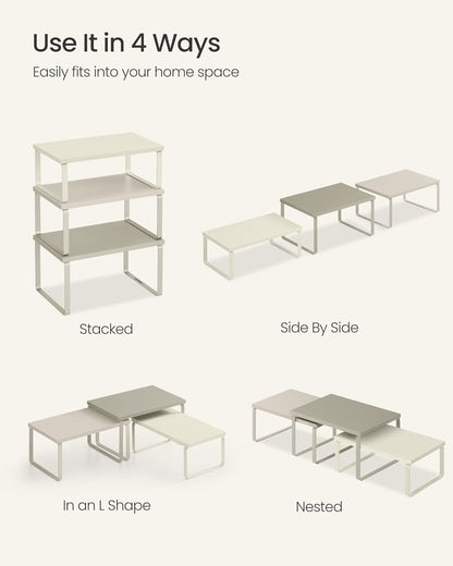 SONGMICS Cabinet Organizer Shelf, Set of 3 Kitchen Counter Shelves, Kitchen Storage, Spice Rack, Stackable, Expandable, Sand Beige UKCS220K01