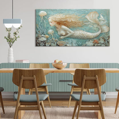 LASMOND Ocean Mermaid Wall Art for Girls Room Modern Canvas Prints Marine Organism Underwater World Sea Creatures Artwork Paintings Women Bedroom Wall Decor (30x16 Inches)