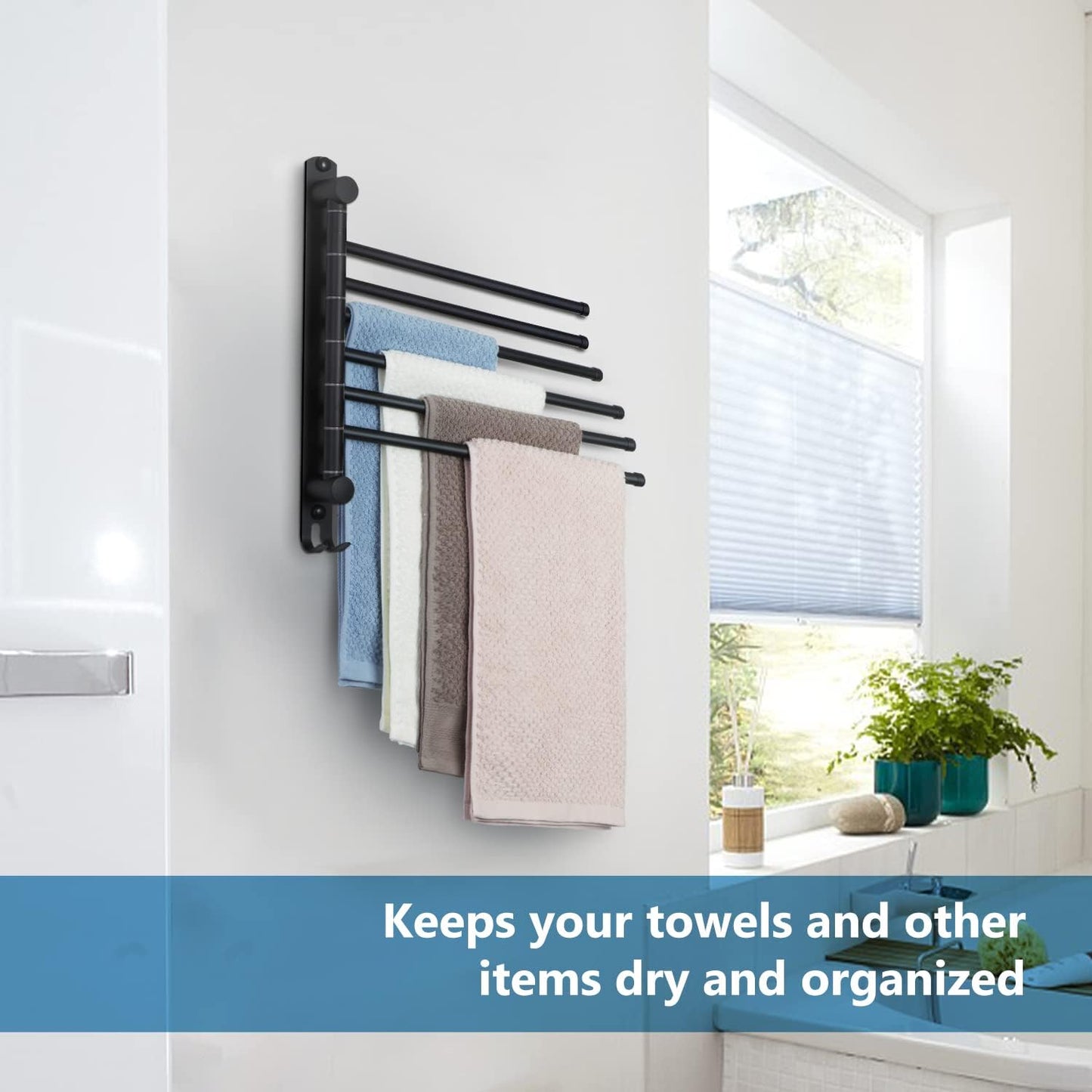 Space Saving Towel Rack JSVER Black Space Saving Towel Holder, Towel Rack Wall Mounted, Swivel Hand Towel Holder, 6-Arms Towel Bar, Towel Racks for Bathroom