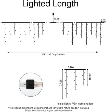 Brightown Blue Icicle Lights, 66Ft 736 LED Outdoor with 138 Drops, 8 Modes Remote and Timer for Halloween, Hanukkah