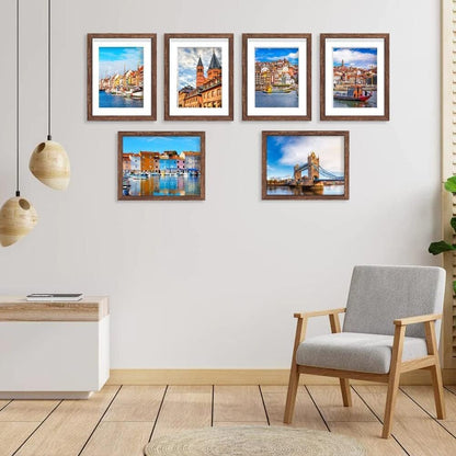 8x10 Picture Frame Set of 6, Display Pictures 5x7 with Mat or 8x10 Without Mat for Wall Mounting, Rustic Brown