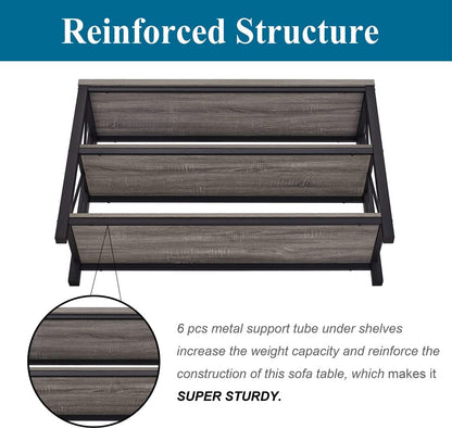 BON AUGURE Rustic Sofa Table Behind Couch, Industrial Console Tables for Entryway, 3 Tier Wood Shelves Entry Table with Storage for Foyer, Hallway, Front Door (47 Inch, Dark Grey Oak)