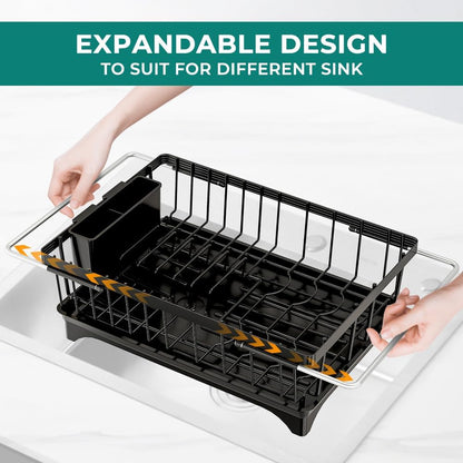Expandable Dish Drying Rack in Sink, Adjustable Stainless Steel Rustproof Grip Handles Dish Rack Over The Sink, Dish Strainer with Drying Tray & Utensil Holder