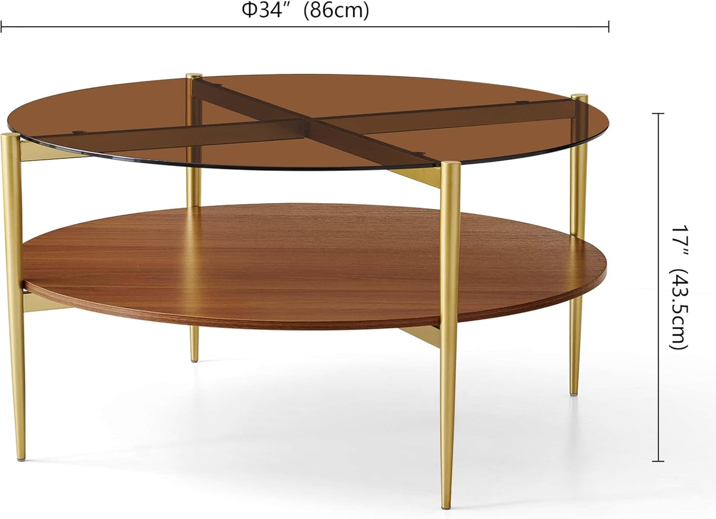 Extra Large Round Coffee Table, Mid-Century Modern Design, D34 x H17 in, for Living Room, 2-Tier Structure, Amber Glass Top and Walnut MDF Shelf, Sleek Conical Metal Legs with Gold Finish