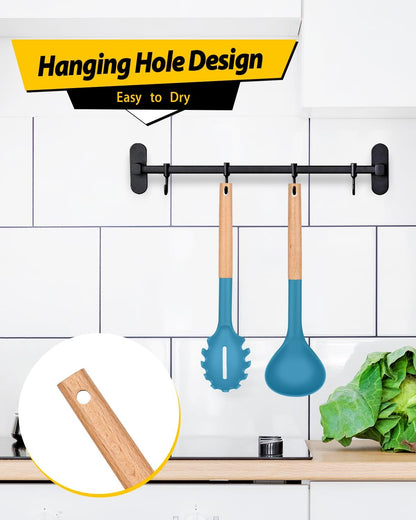 Silicone Pasta Fork and Ladle Spoon Set with Wooden Handle, Heat Resistant Non Stick Kitchen Utensils for Cooking, Stirring, Serving Spaghetti, Soup, Sauce(BLUE)