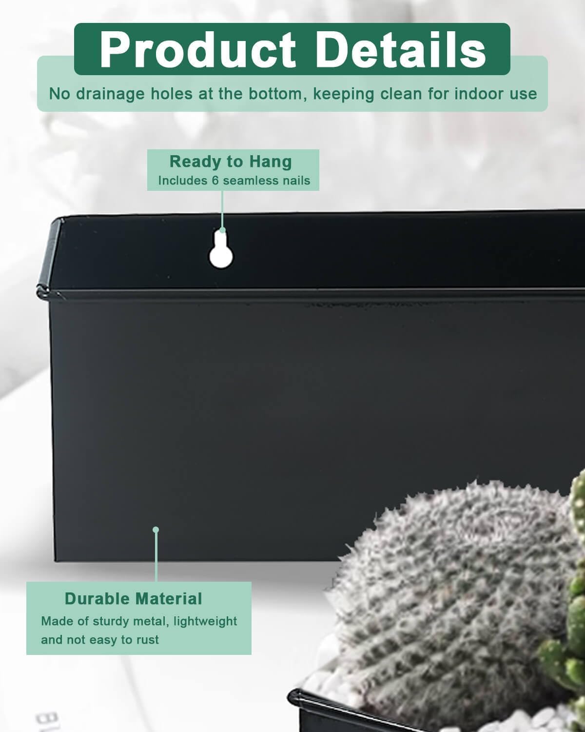 vensovo Metal Wall Hanging Planter Boxes – 12" Rectangle Flower Pots, 3 Pack with Drainage, Durable Galvanized Finish for Indoor Outdoor Balcony Fence Windowsill, Black