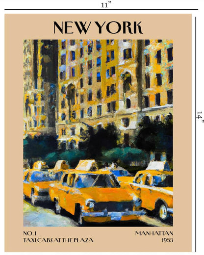 Retro Vintage New York Wall Art Print - 11x14 Unframed Poster - New York City Souvenirs, Cute Trendy Colorful Wall Decor (Taxi Cabs at the Plaza, 11x14")