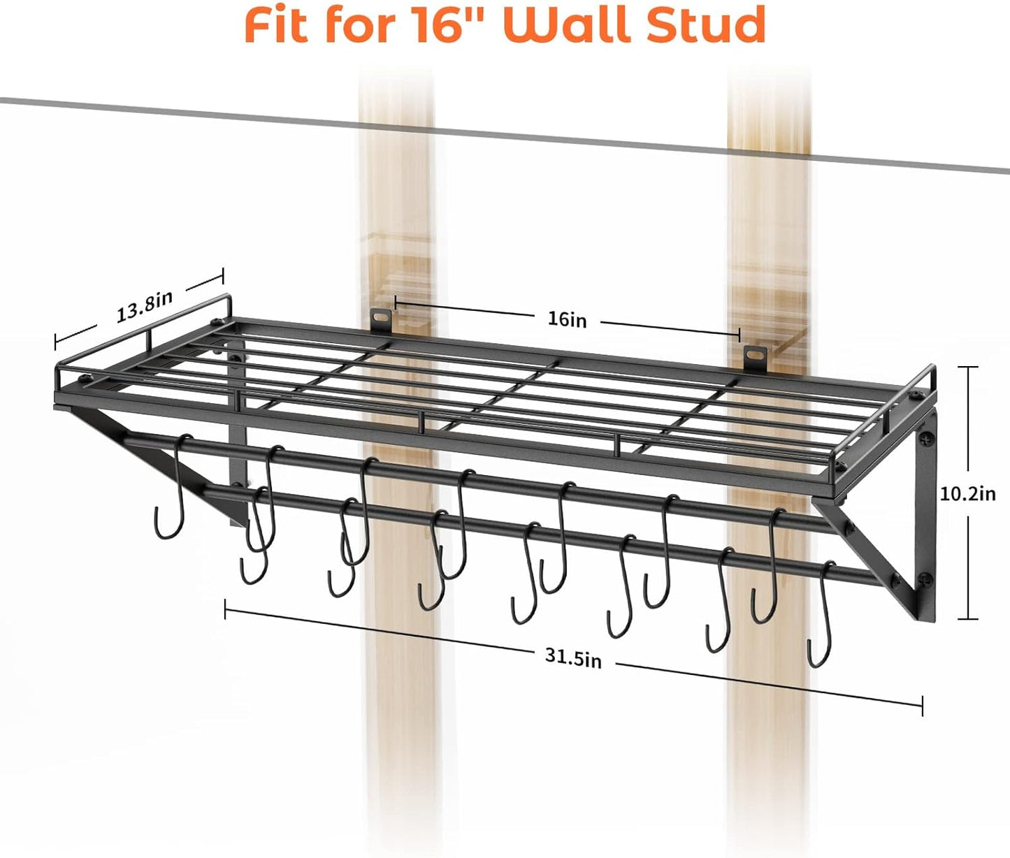 OROPY 31 Inch Wall Mounted Pot Rack Storage Shelf with 2 Tier Hanging Rails 14 S Hooks included, Ideal for Pans, Utensils, Cookware - Black