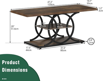 GiftGo Rustic Coffee Table with Storage Industrial 3 Tier Center Living Room Table Farmhouse Wooden Rectangle Cocktail Tea Table for Office Bedroom Elegant Full Moon Round Metal Frame (Brown, L-47)