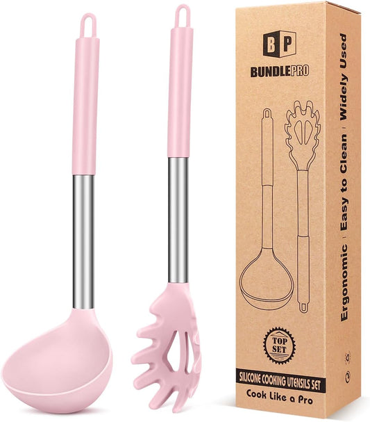 Silicone Pasta Fork and Ladle Spoon Set, Large Non Stick Kitchen Utensils for