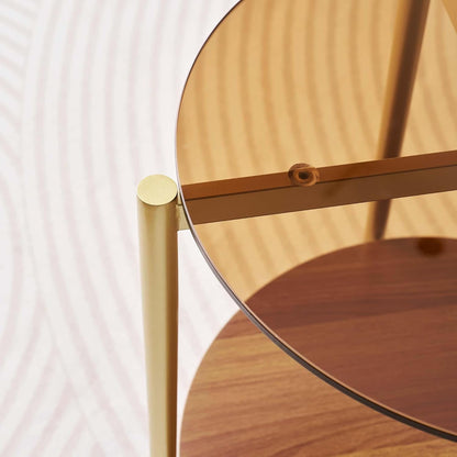 Round Glass End Table, Mid-Century Modern Design Sofa Table for Living Room, D18 x H23, 2-Tier Structure, Amber Glass Top and Walnut Shelf, Sleek Conical Legs with Gold Finish Frame