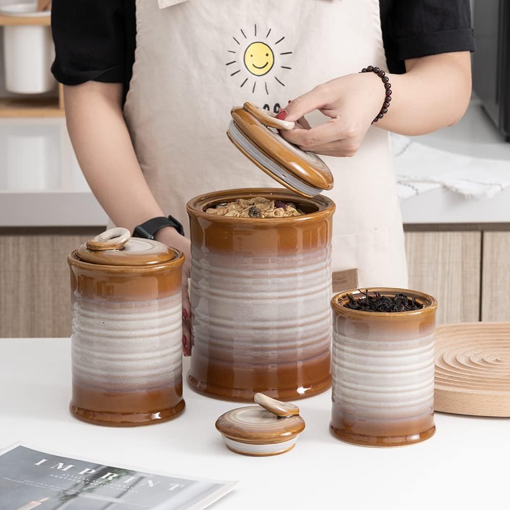 Nihow Ceramic Food Storage Jar Sets: Container with Air Tight Ceramic Lid for Flour/Sugar/Rice/Coffee/Cookies/Candy - Seal Damp-proof Canister for The Kitchen - Set of 3 （Brown）