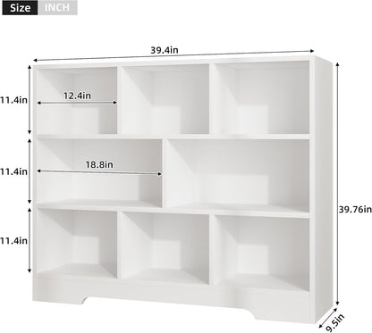 Book Shelf Set of 2, 8 Cubes Storage Organizer, 3-Tier Open Shelf Wooden Bookcase, Freestanding White Bookshelf Cube Shelf for Bedroom, Living Room, Home Office