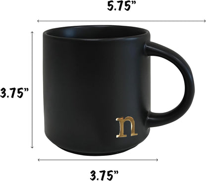 COLLECTIVE HOME - Black Monogram Ceramic Mugs, 15 oz Golden Initial Coffee Cups, Elegant Alphabet Tea Mugs, Personalized Halloween Mug with Gift Box, Perfect for Office and Home Décor (n)
