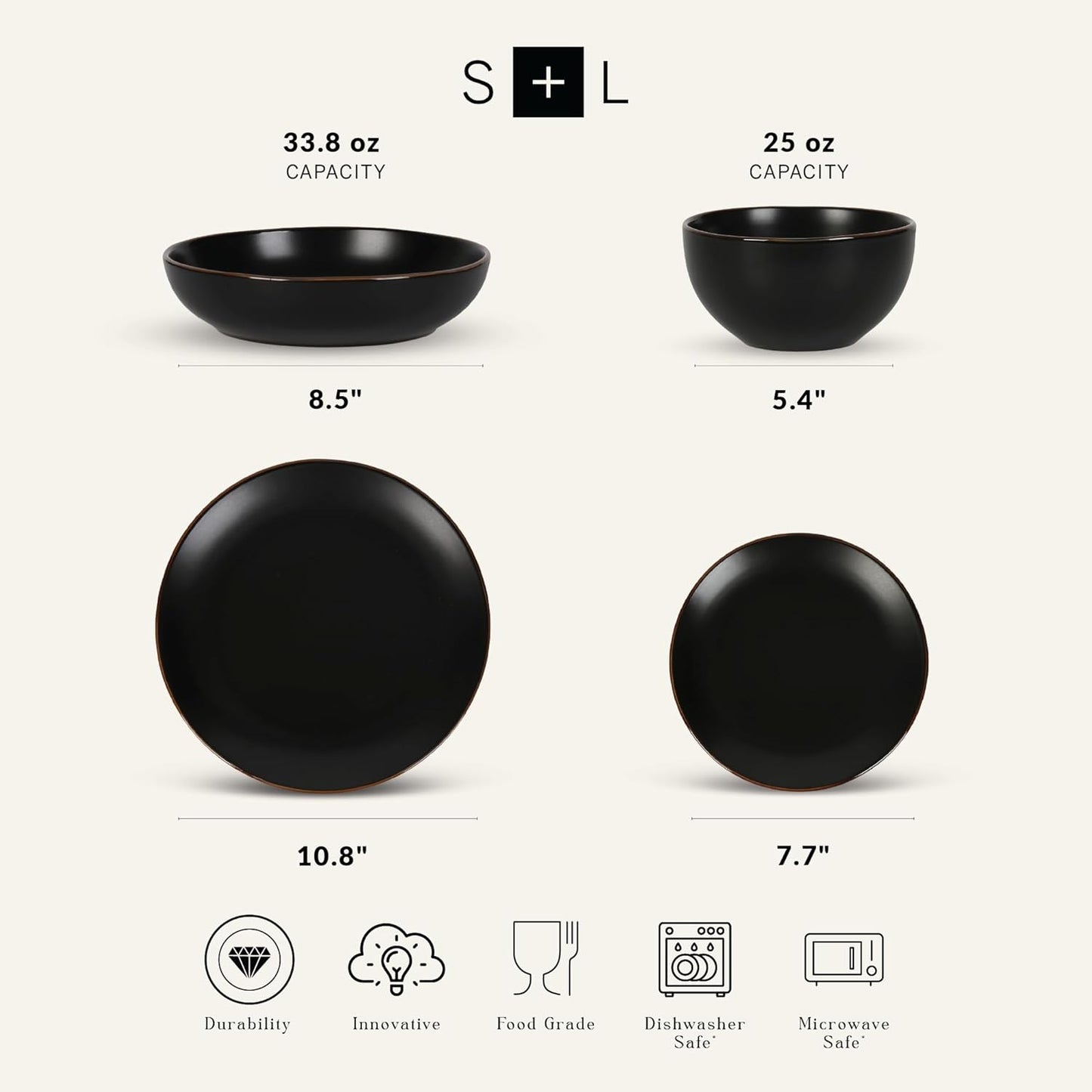 Stone Lain Brasa Modern Stoneware 16 Piece Dinnerware Sets, Plates and bowls Sets, Dish Set for 4, Black