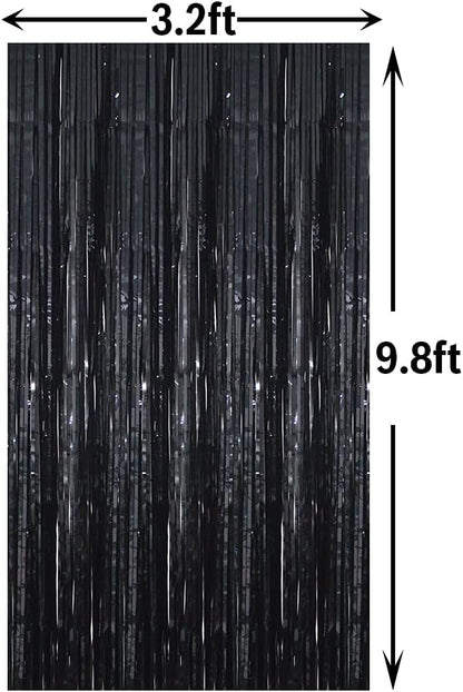 GOER 3.2 ft x 9.8 ft Black Photo Backdrop Party Streamers for Halloween,Birthday Party,1 Pack Black Metallic Tinsel Foil Fringe Curtains Party Decorations Wedding Decor