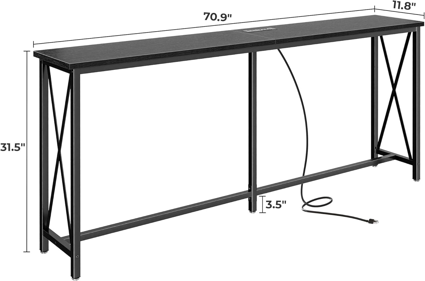 SUPERJARE 70 Inch Console Table with Outlets and USB-C Port, Extra Long Behind Couch Sofa Table with X-Shaped Design, Narrow for Entryway, Living Room, Metal Frame, Wooden Top, Black