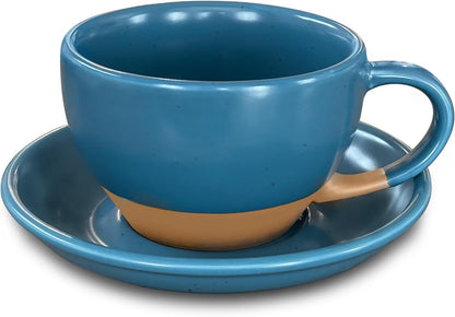 Mora Ceramic Latte Art Mug With Saucer - 10.5 oz, Round Bottom For Perfect Pours - Cafe Cups for Cappuccino, Espresso, Coffee, Tea etc - Porcelain Set for Baristas, Great Gift - Azure Blue