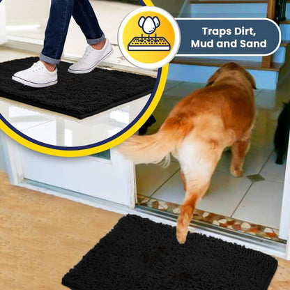 Muddy Mat® 4-Piece Black Medium 30"X19" AS-SEEN-ON-TV Highly Absorbent Microfiber Door Mat, Bath Mat and Pet Rug, Non Slip Thick Washable, Soft Chenille for Kitchen Bathroom Bedroom Indoor and Outdoor