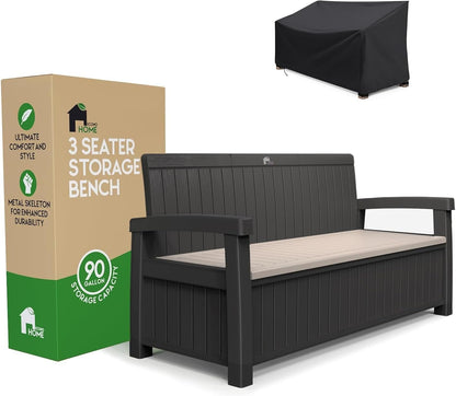 EconoHome 3 Seat Outdoor Storage Bench with Rain Cover - 90 Gallon Capacity - Weatherproof Resin Bench for Patio, Porch, Garden, Yard, Pool Area - Furniture for Pool Accessories, Gardening Tools