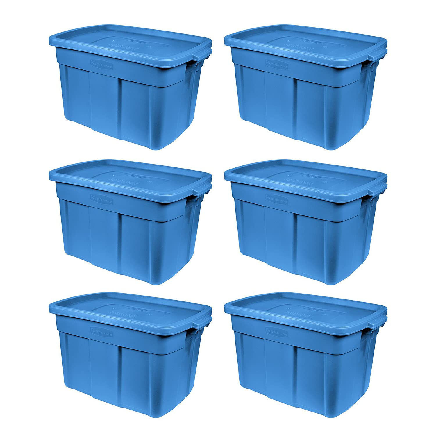 Rubbermaid Roughneck Tote 18 Gal, 6 Pack, Made in USA, Heritage Blue, Rugged Plastic Stackable