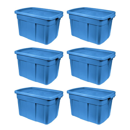 Rubbermaid Roughneck Tote 18 Gal, 6 Pack, Made in USA, Heritage Blue, Rugged Plastic Stackable