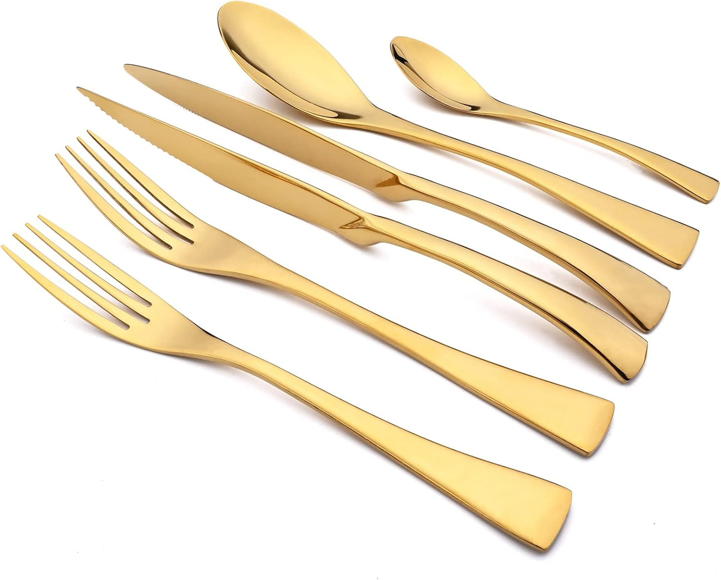 24-Piece Gold Flatware, Mirror 18/10 Stainless Steel Modern & Luxury Dinnerware Set With Serrated Steak Knife Teaspoon For Daily Use or Dinner Party Restaurant - Service For 4