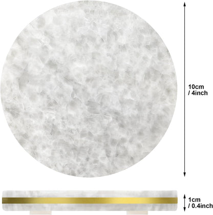 White Marble Coasters Set of 4 with Elegant Gold Brass Ring, Natural Marble Stone Coasters with Silicone Feet for Table Protection, Elegant Home Decor and Bar Tools